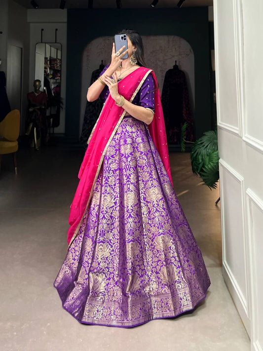 Purple x Pink Banarasi Half Sarees Lehenga