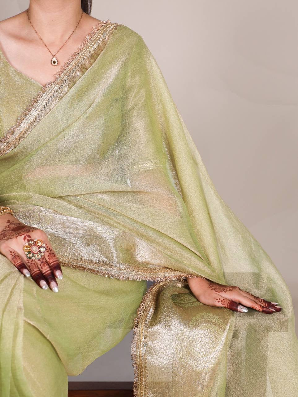 VANDANA — Shimmer Tissue Saree x Gold Lace Border