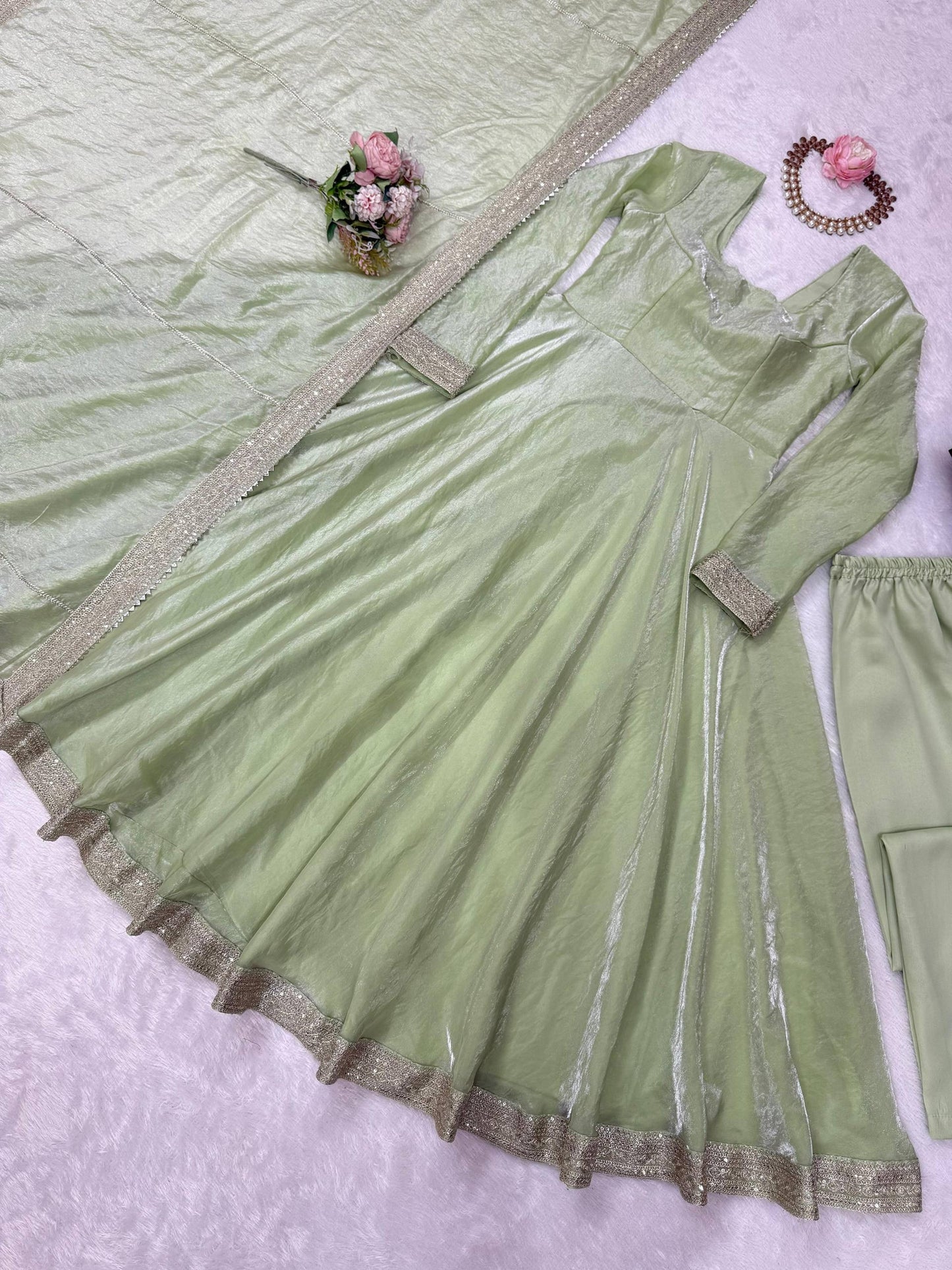 Pastel Shimmer Green Anarkali Suit