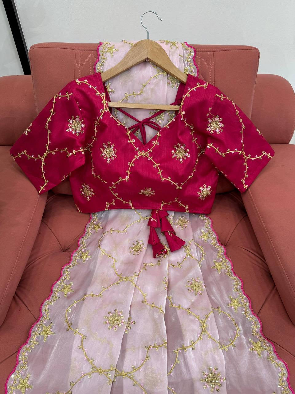 GISHA — Baby Pink Shimmer Saree x contrast blouse