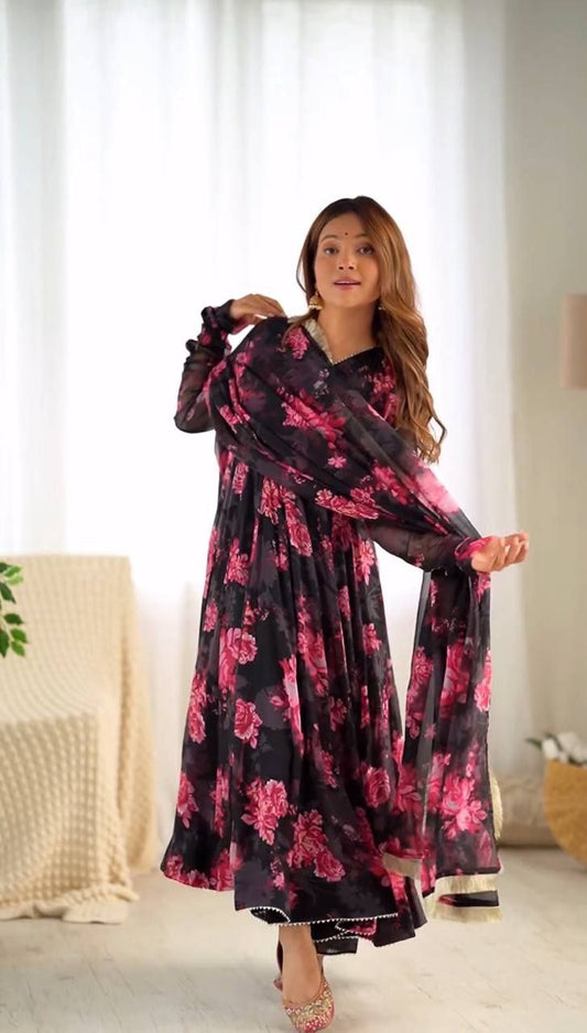 Black x Pink Floral Anarkali Suit