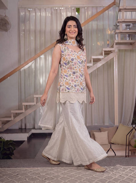 Laksharaa Sarees DILARA - Shimmer Sharara Suit Off-White Front View Walking