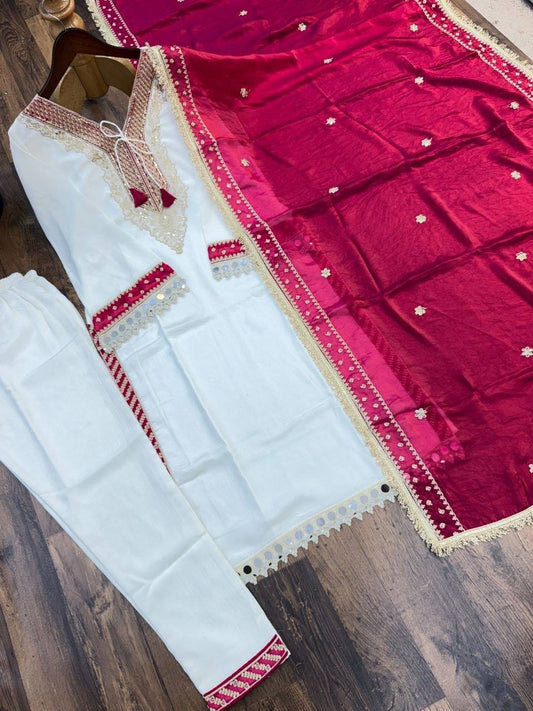 Laksharaa Sarees Chinnon Silk Kurti Set Off-White and Pink Front View