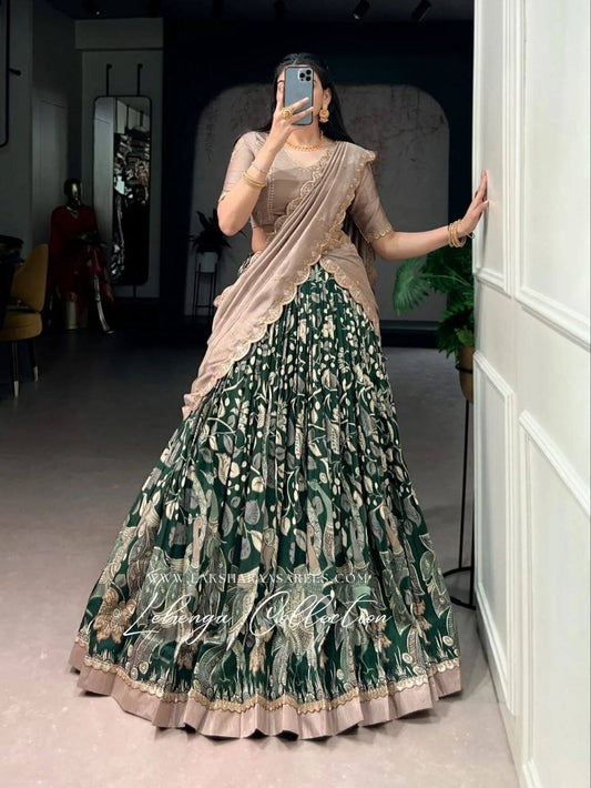 Laksharaa Sarees MEERA Dola Silk Kalamkari Half Saree Lehenga Forest Green and Beige