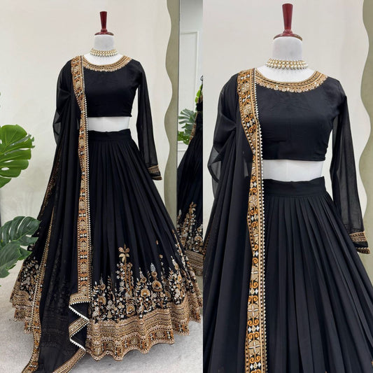 DANIA — Black x Gold Georgette Lehenga