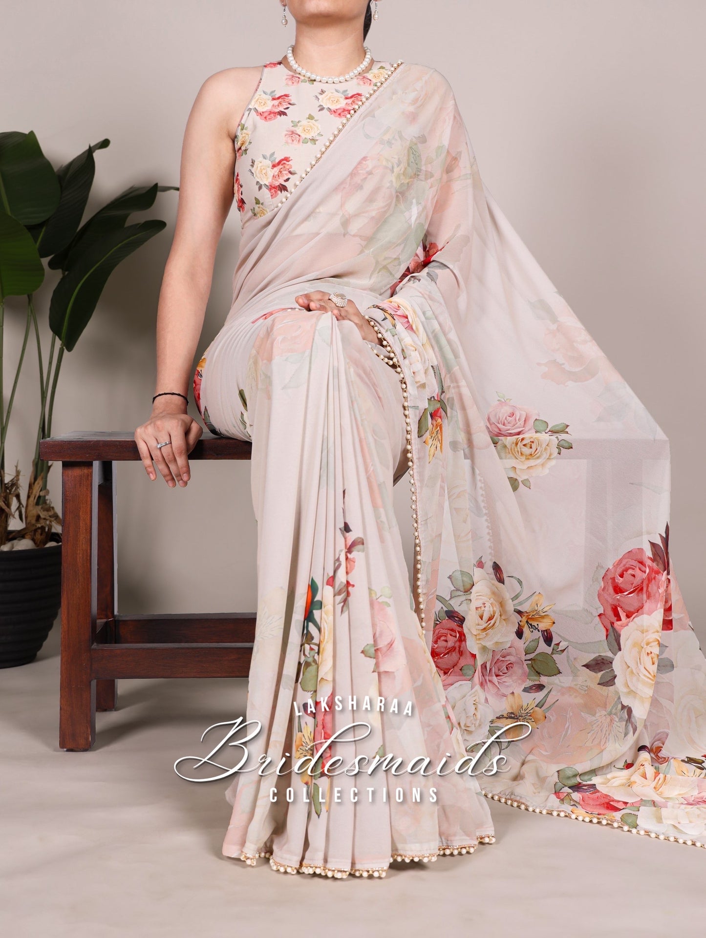 Partywear Floral Pearl Georgette Saree x Pearl Border