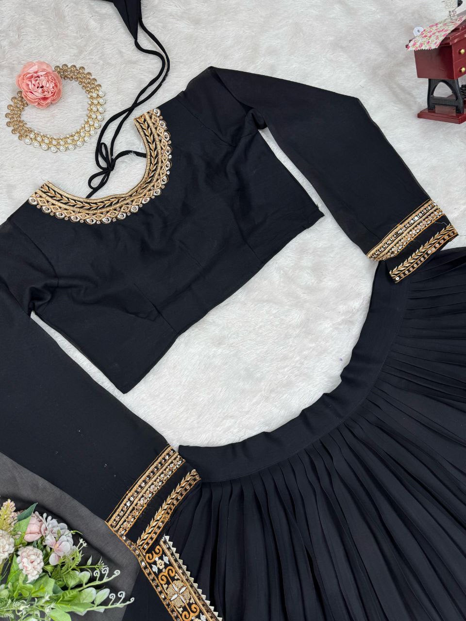 DANIA — Black x Gold Georgette Lehenga