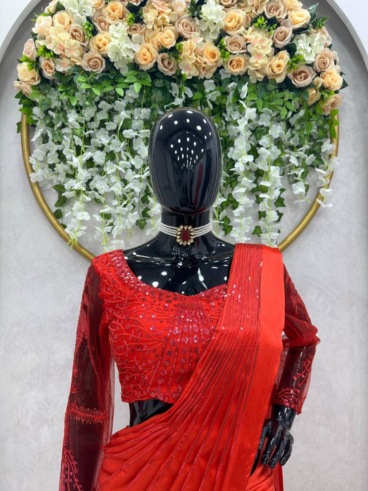 NIKISHA - Red Mermaid Style Saree Lehenga