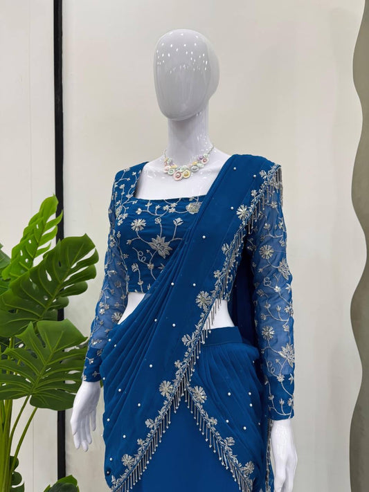 TANIYA — Blue Ruffle Saree Lehenga
