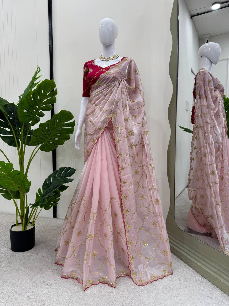 GISHA — Baby Pink Shimmer Saree x contrast blouse