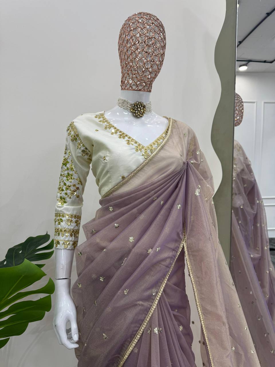 ROSHANA - Shimmer Georgette Net Saree x Readymade White Blouse