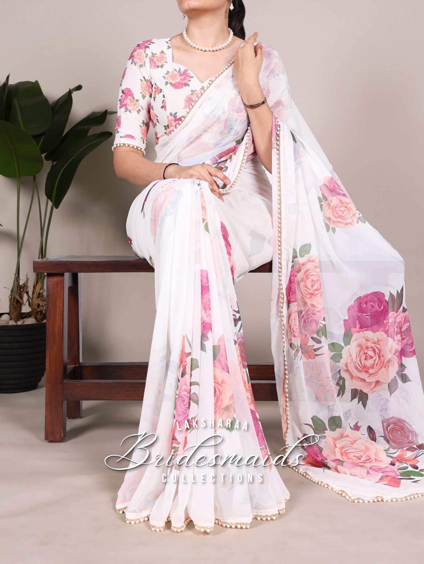 Partywear Floral Pearl Georgette Saree x Pearl Border