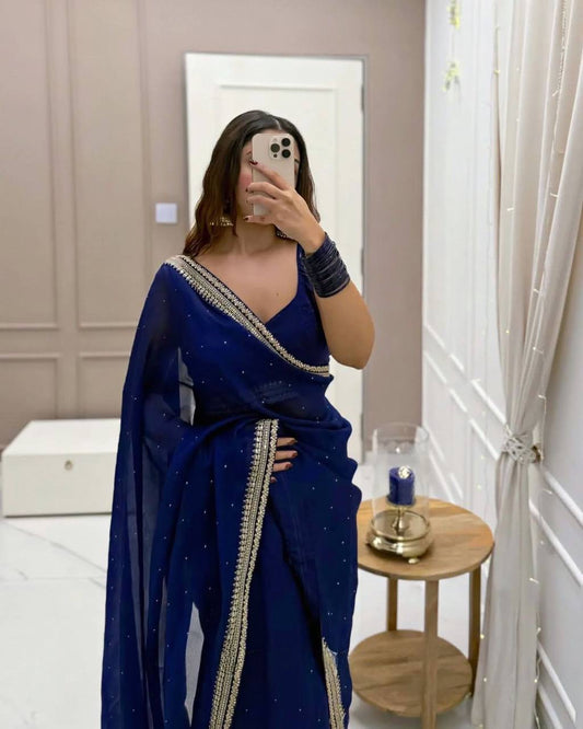 KAVYA - Blue Tabby Silk Partywear Saree