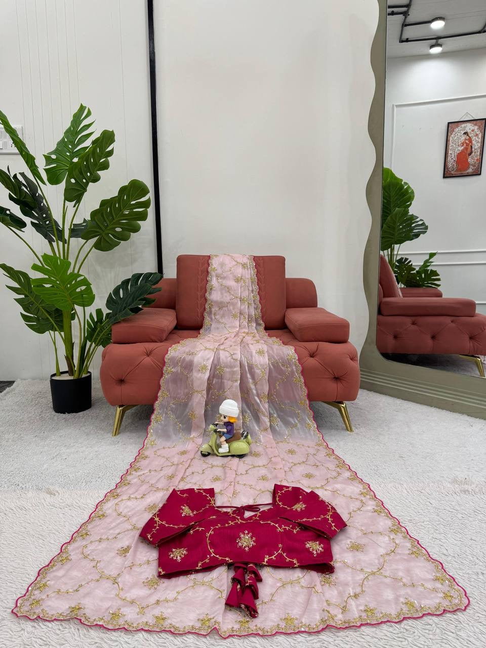 GISHA — Baby Pink Shimmer Saree x contrast blouse