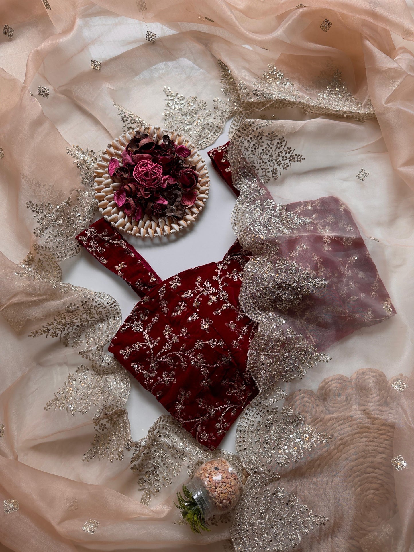 ALICIA — Pretty Peach X Red Shimmer Tissue Saree with Embroidered Blouse
