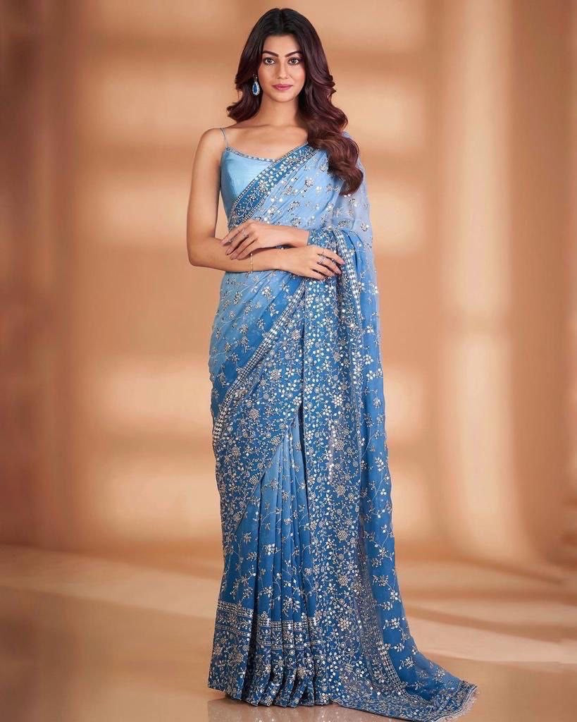 Blue x Floral Ombré Georgette saree