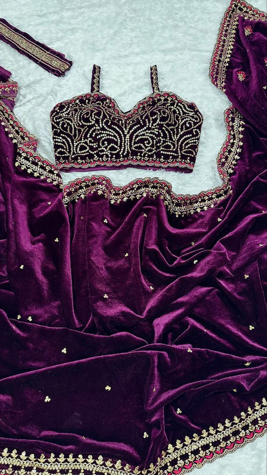 ADRIANA - Designer Purple Velvet Partywear Saree x Designer Blouse
