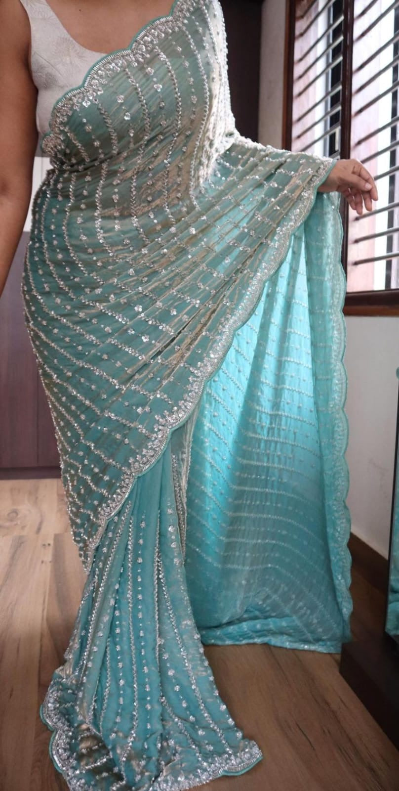 KISHAA — Shimmer Stone & Sequin Dinner Saree in Pastel Series