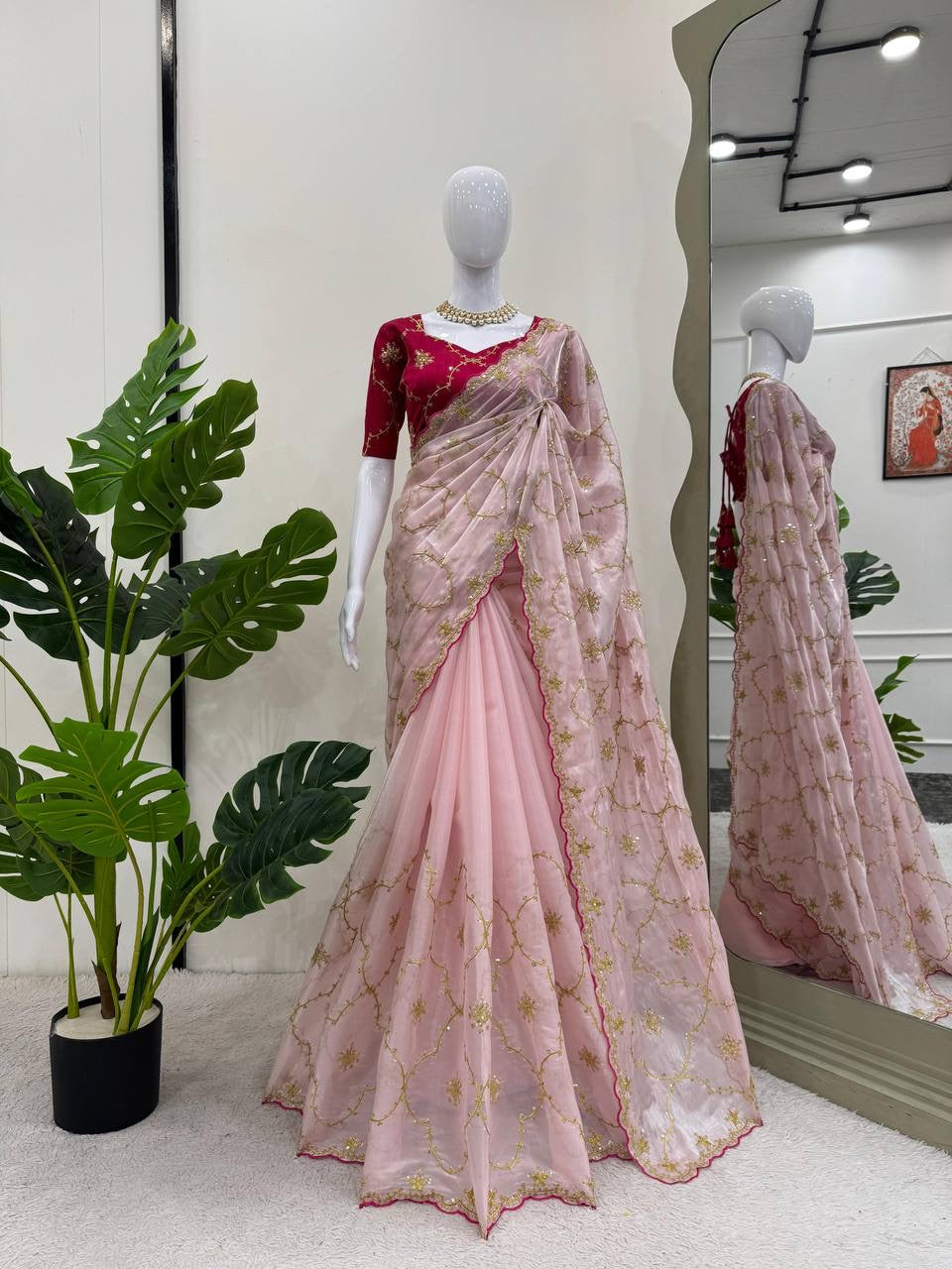 GISHA — Baby Pink Shimmer Saree x contrast blouse