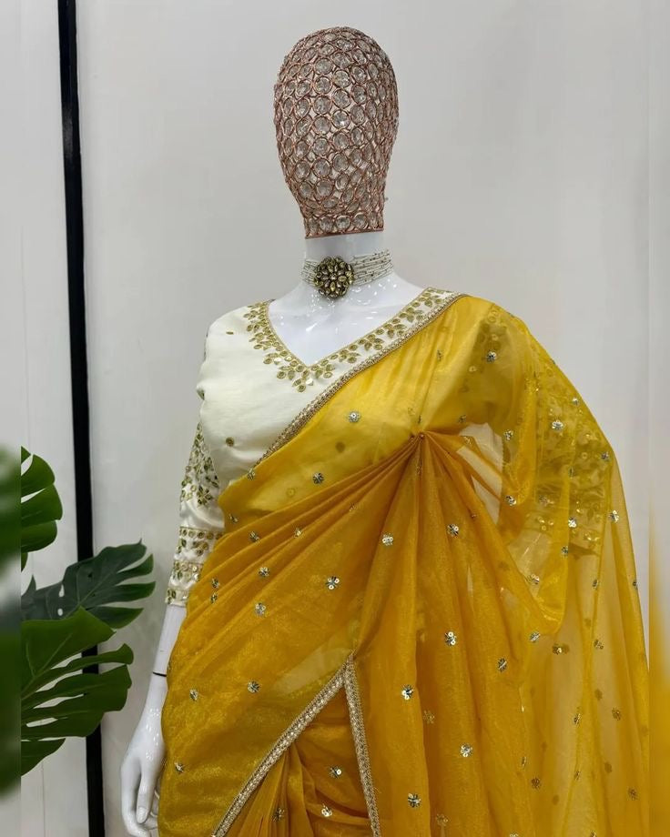 ROSHANA - Shimmer Georgette Net Saree x Readymade White Blouse