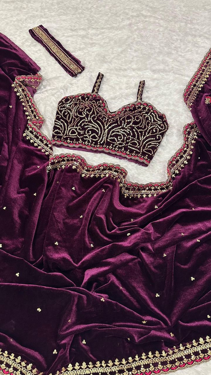 ADRIANA - Designer Purple Velvet Partywear Saree x Designer Blouse