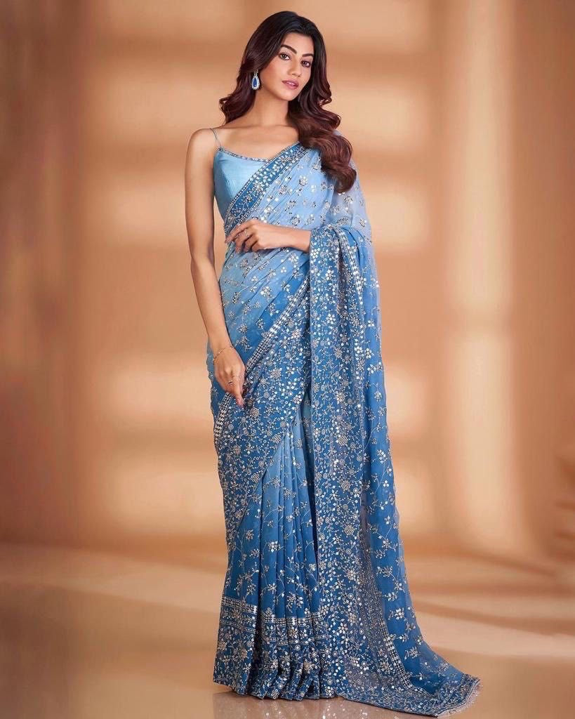 Blue x Floral Ombré Georgette saree