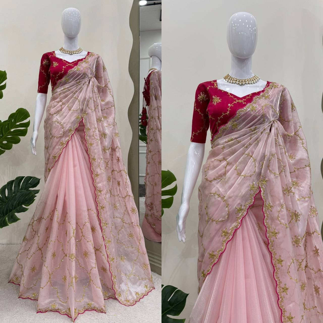 GISHA — Baby Pink Shimmer Saree x contrast blouse
