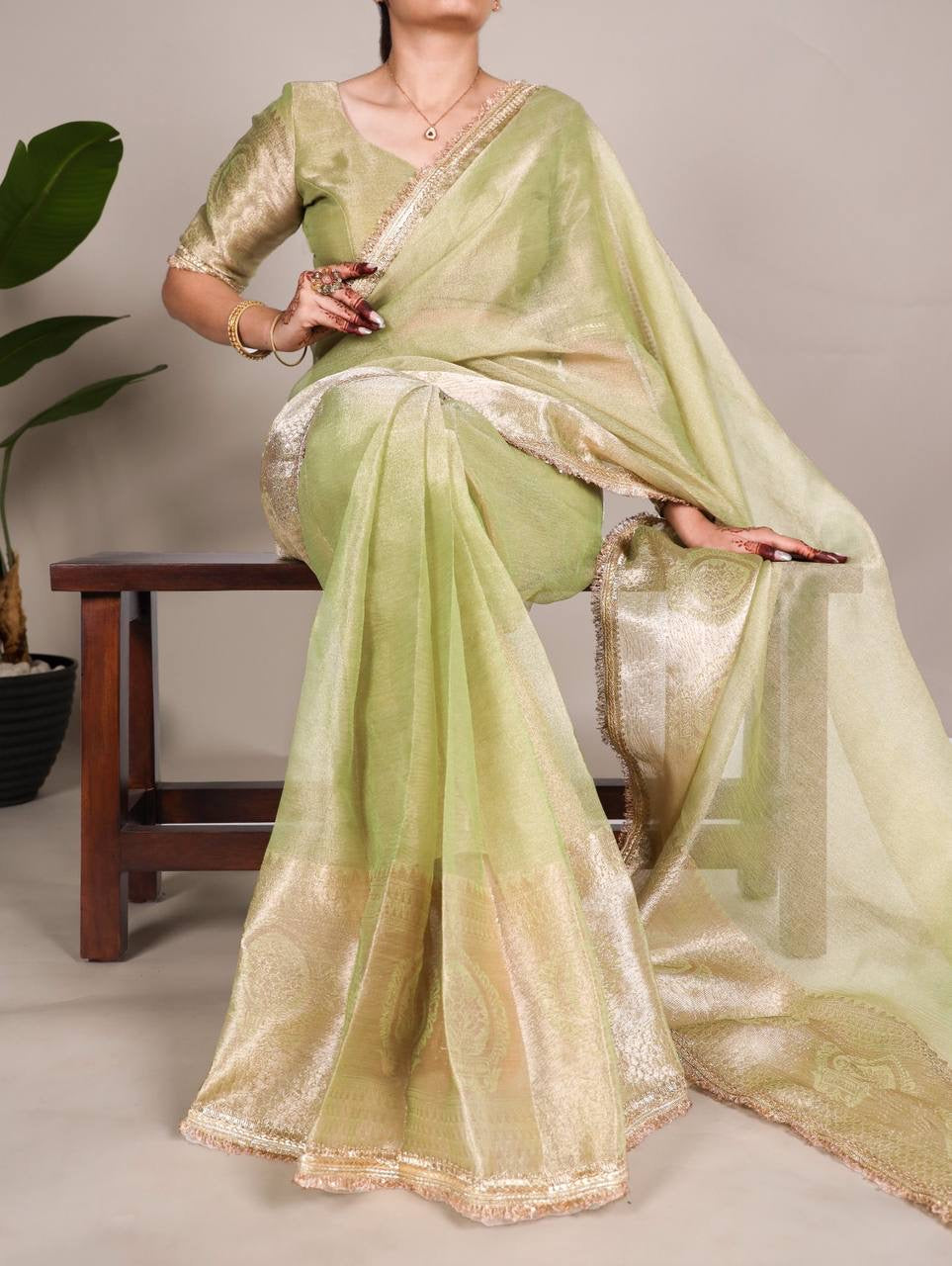 VANDANA — Shimmer Tissue Saree x Gold Lace Border