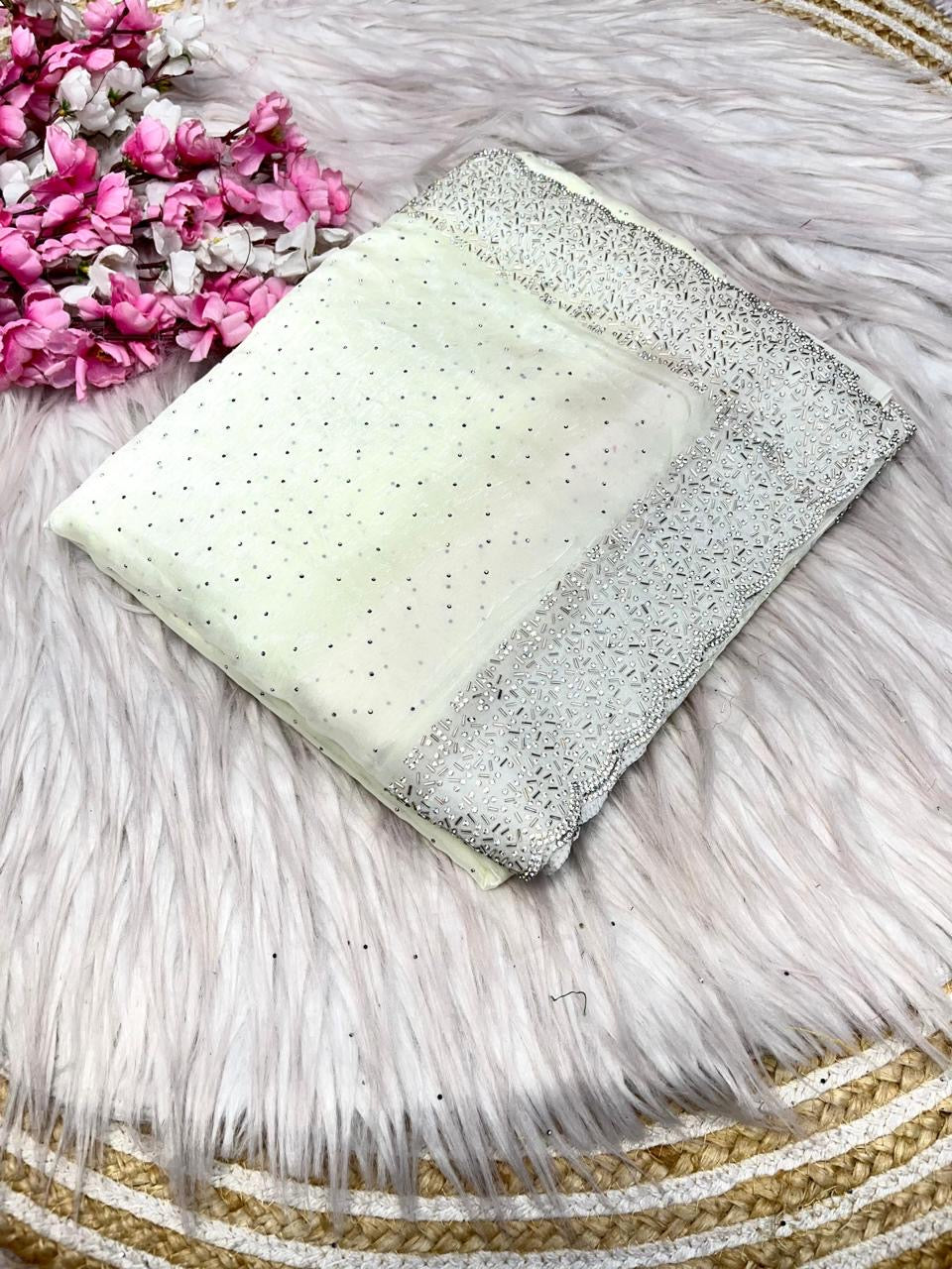NAYLAA - Space dinner saree with stone border