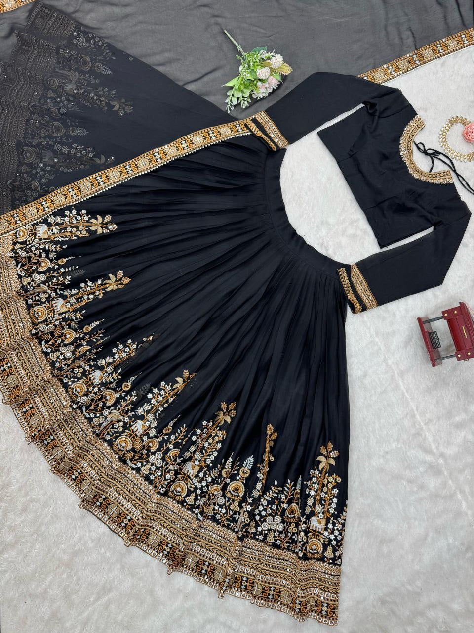 DANIA — Black x Gold Georgette Lehenga