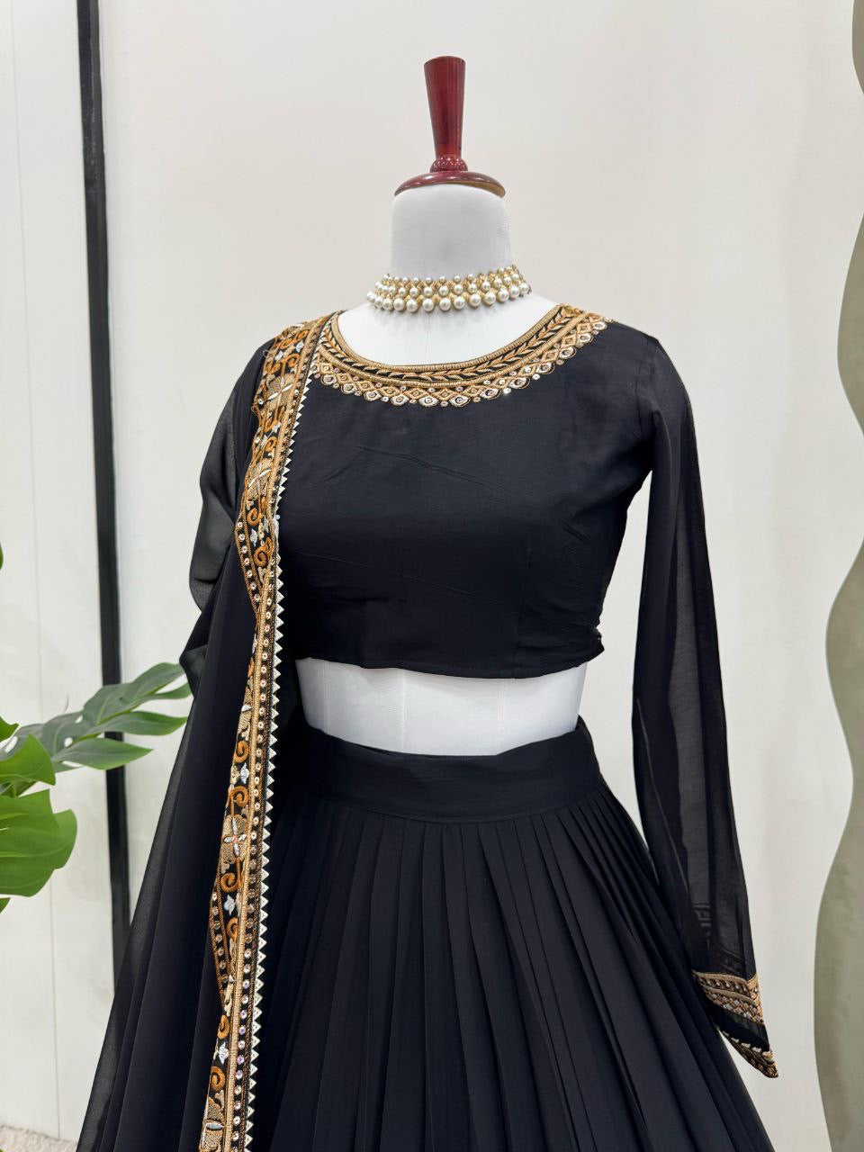DANIA — Black x Gold Georgette Lehenga