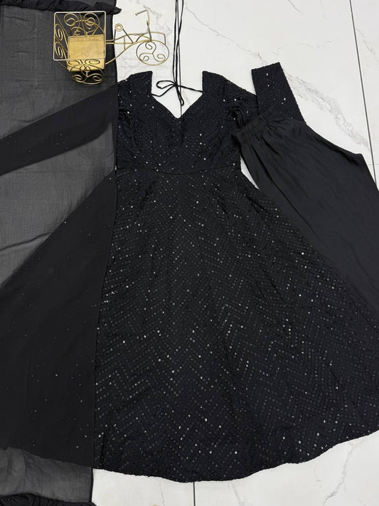 Premium Black Anarkali Suit with ruffle Duppata - Laksharaa Sarees