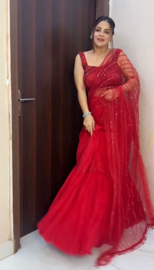 Red Ruffle Half Saree Lehenga
