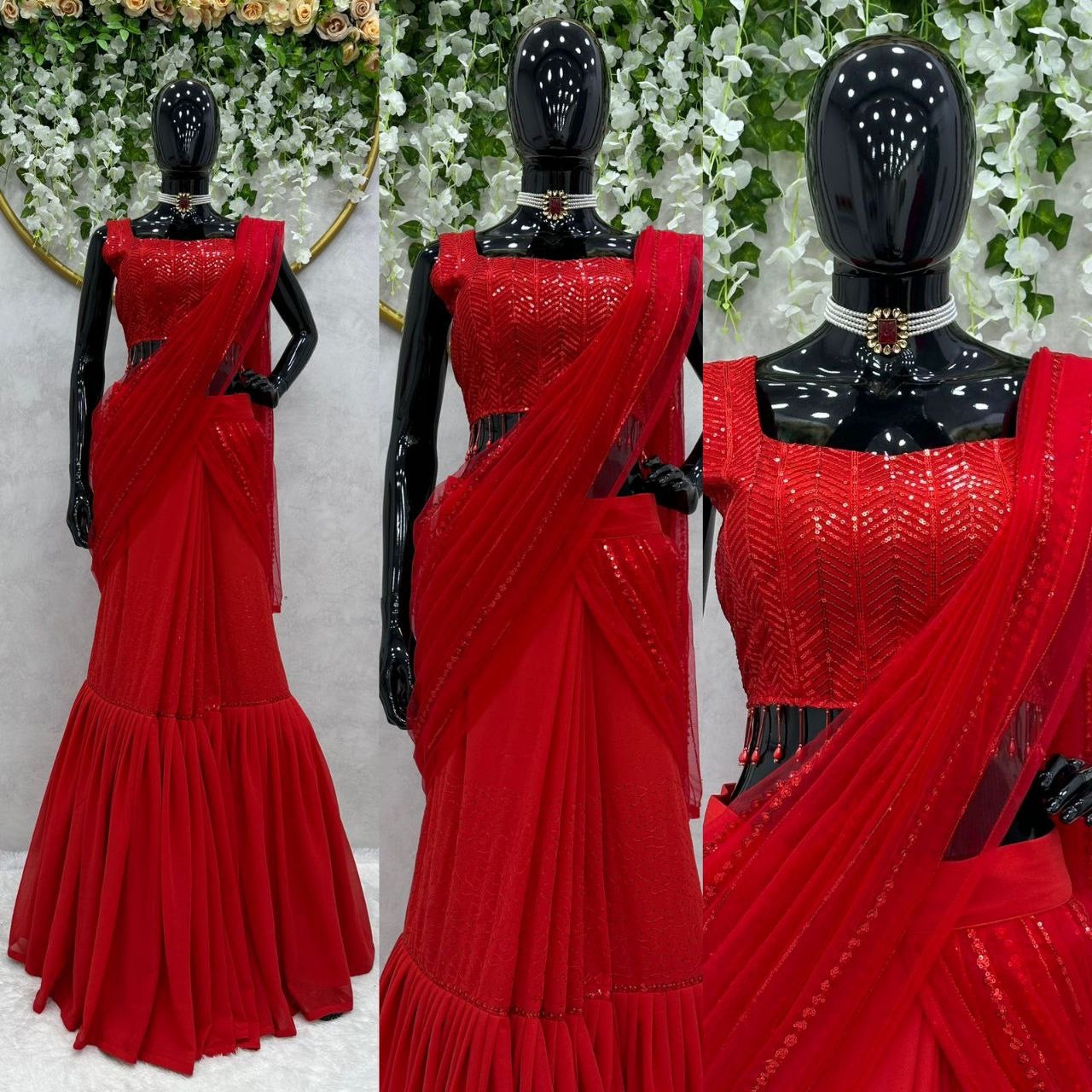 Red Ruffle Half Saree Lehenga