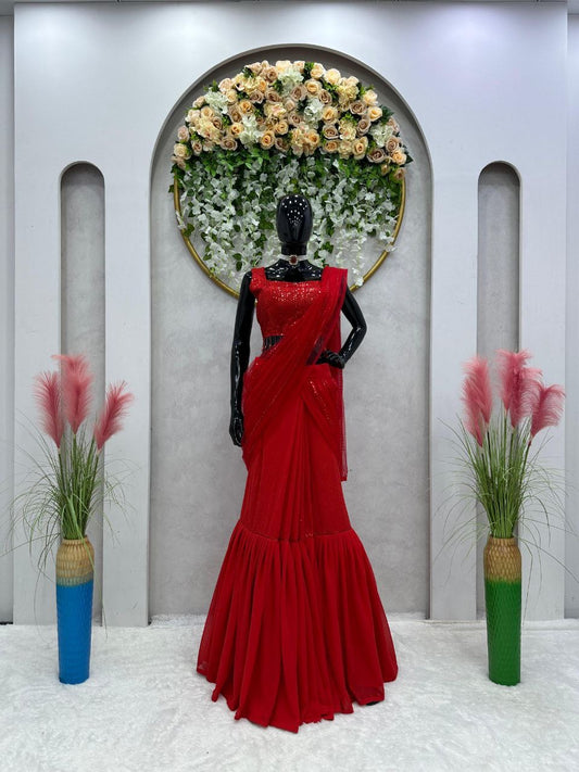 Red Ruffle Half Saree Lehenga