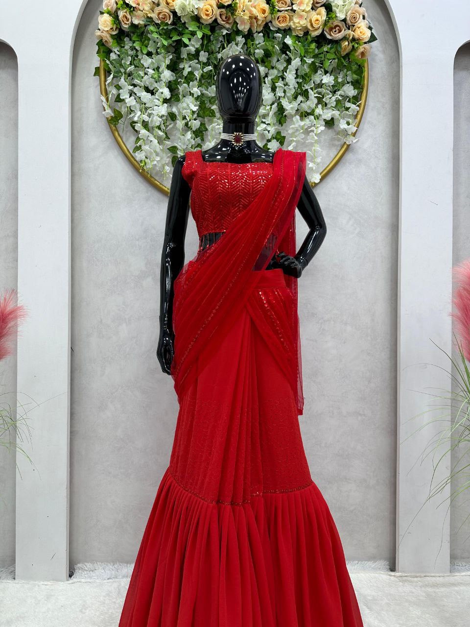 Red Ruffle Half Saree Lehenga
