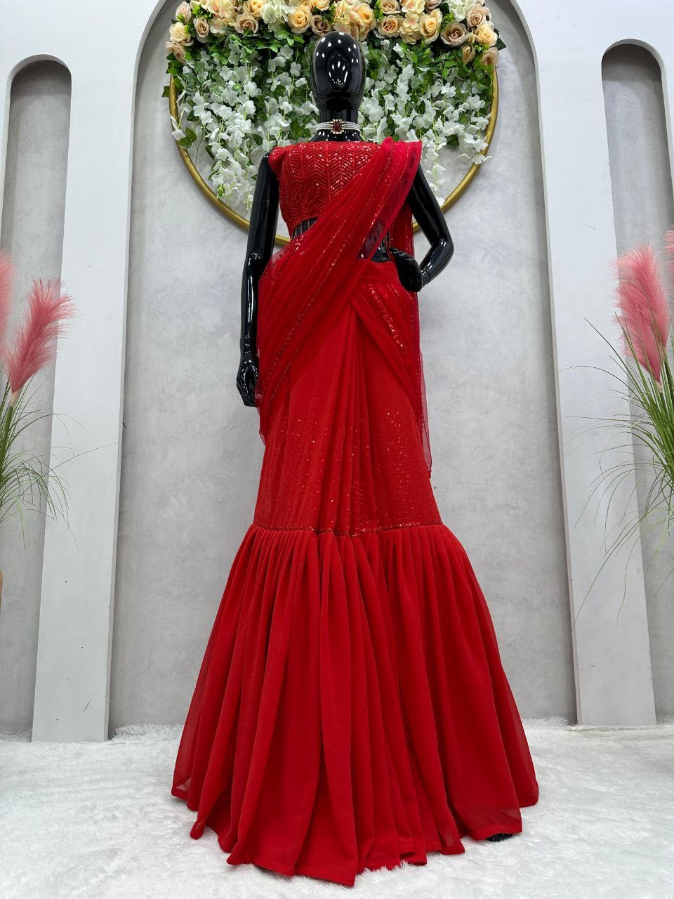 Red Ruffle Half Saree Lehenga
