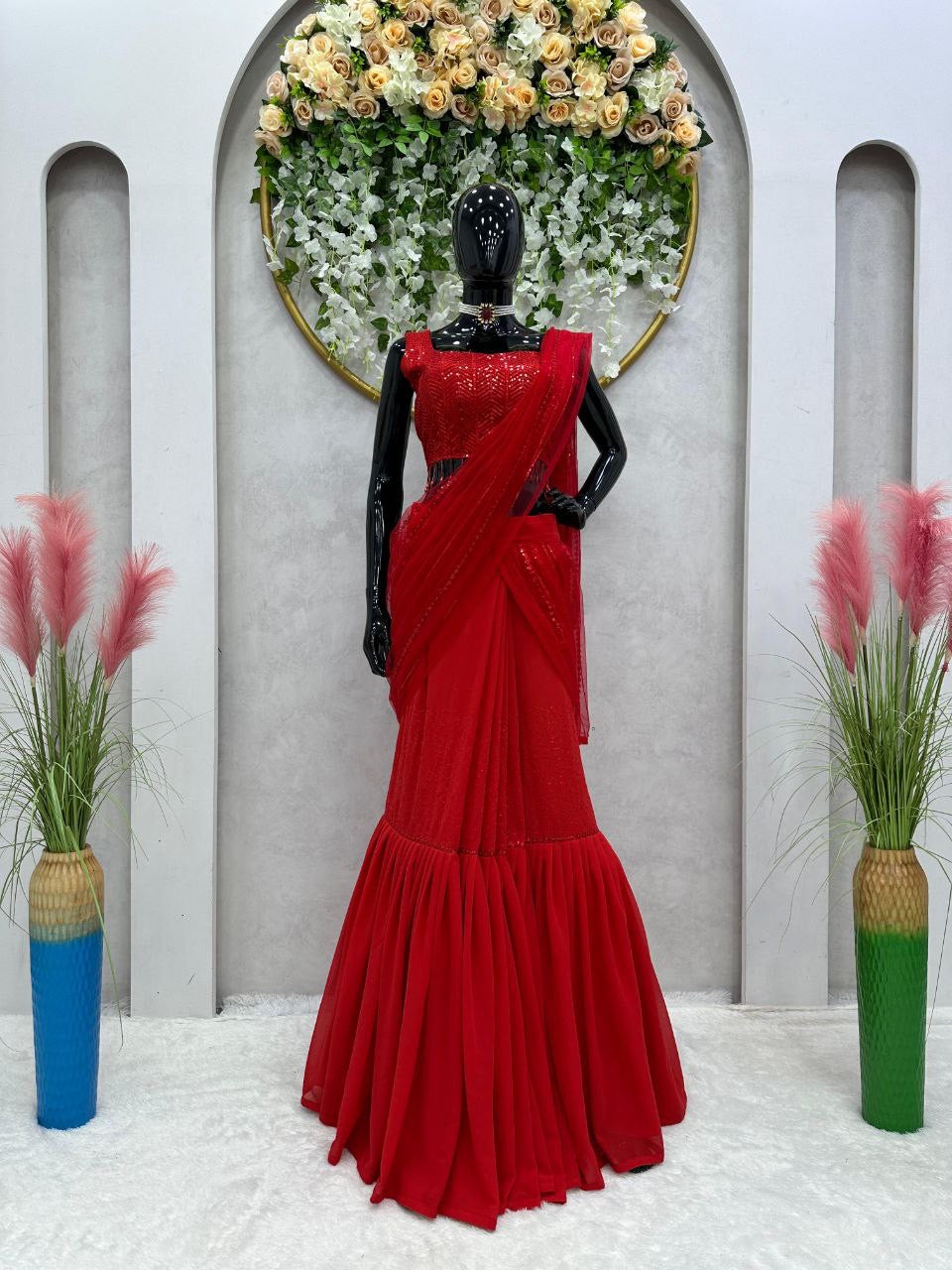 Red Ruffle Half Saree Lehenga