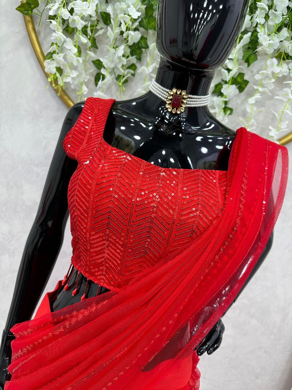 Red Ruffle Half Saree Lehenga