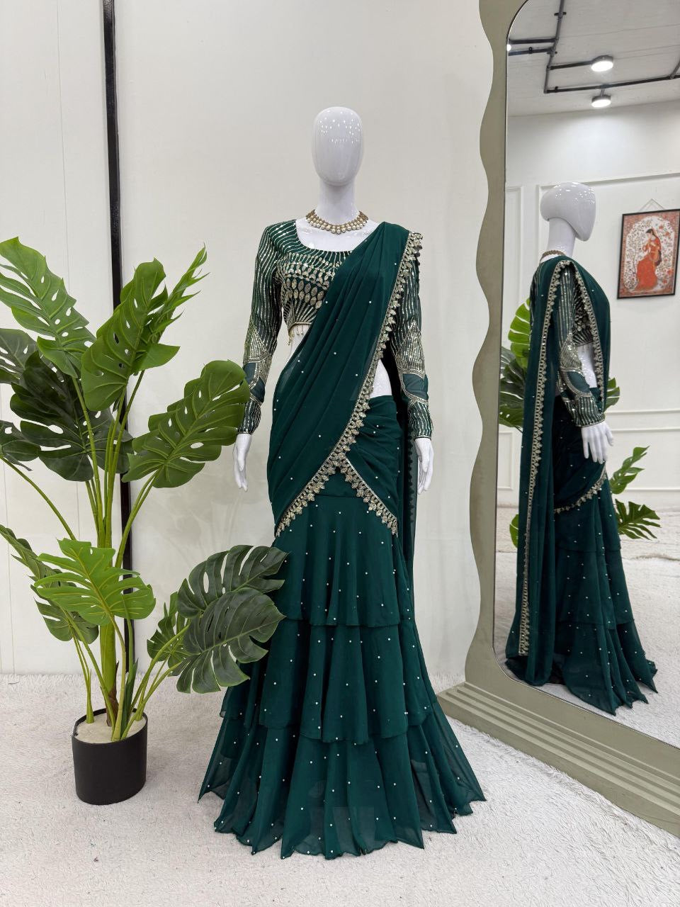 Green Ruffle Half Saree Lehenga