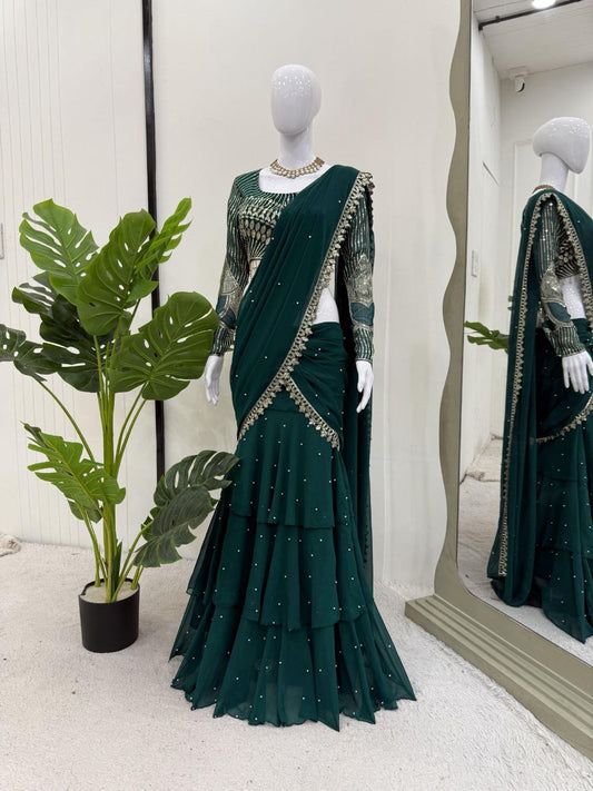 Green Ruffle Half Saree Lehenga