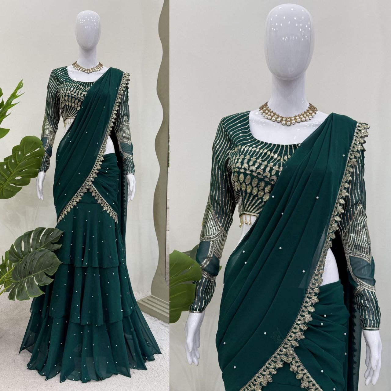 Green Ruffle Half Saree Lehenga