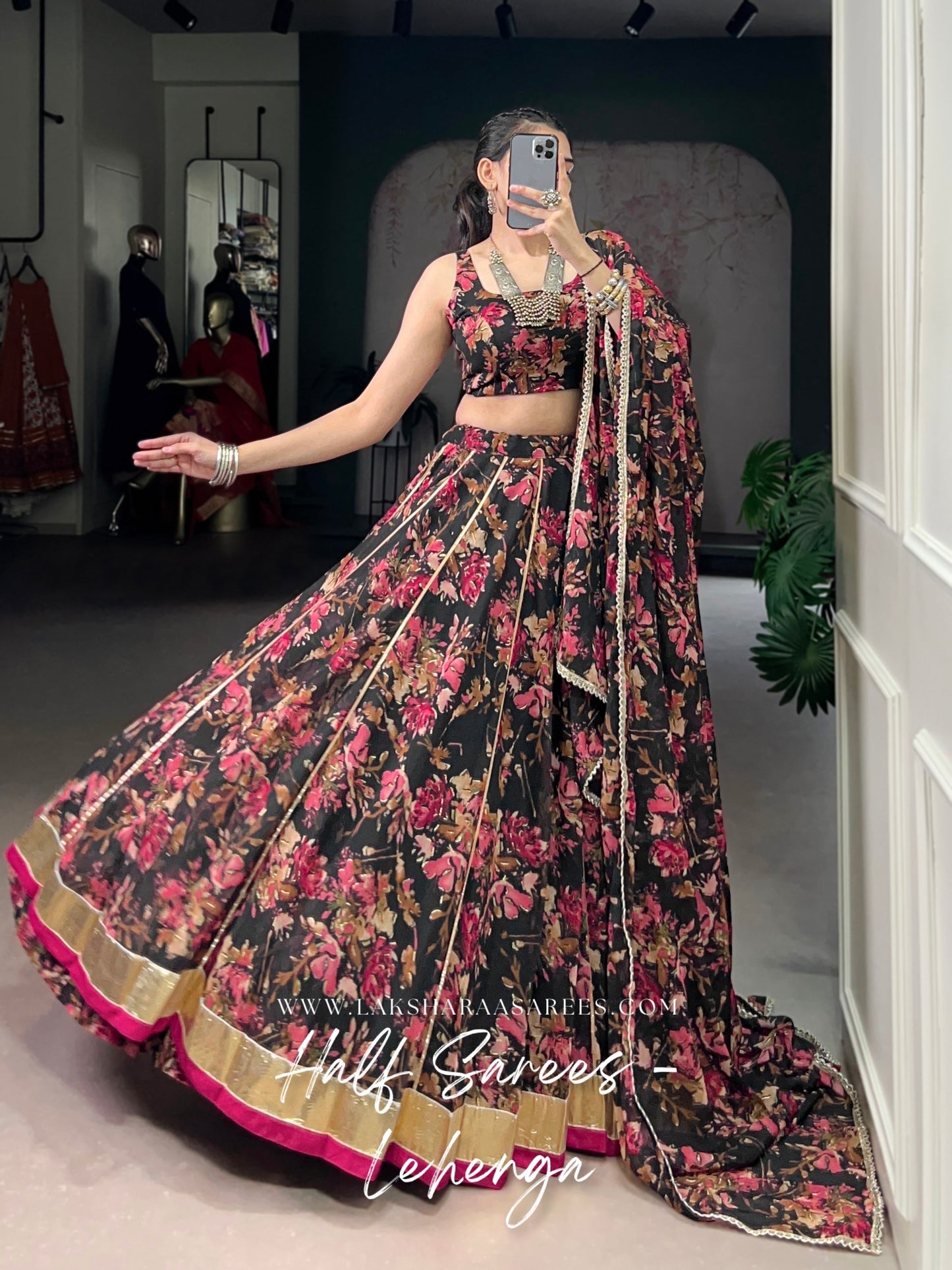 SACHITA — Chiffon Floral Print Half Saree Lehenga