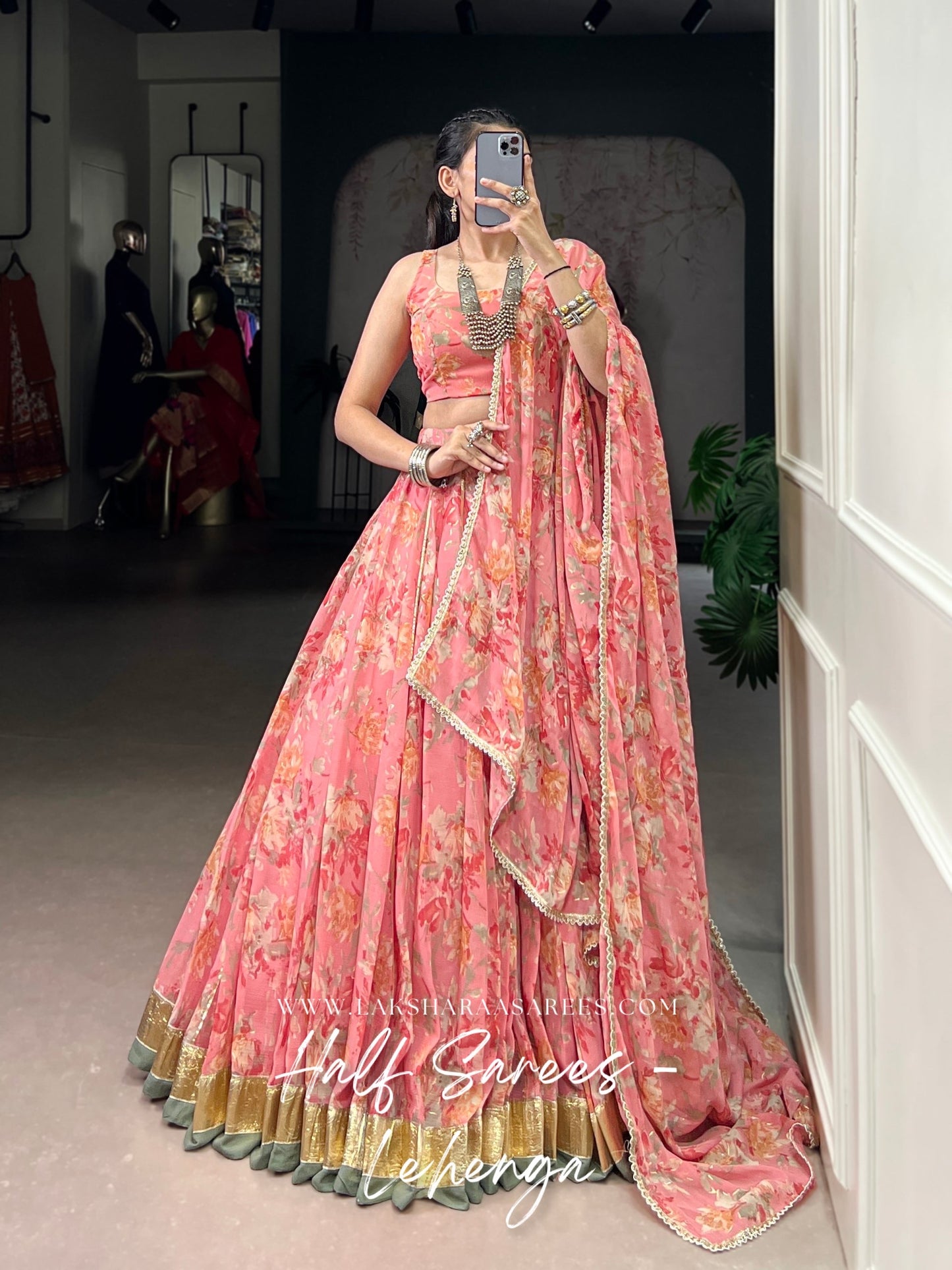 SACHITA — Chiffon Floral Print Half Saree Lehenga