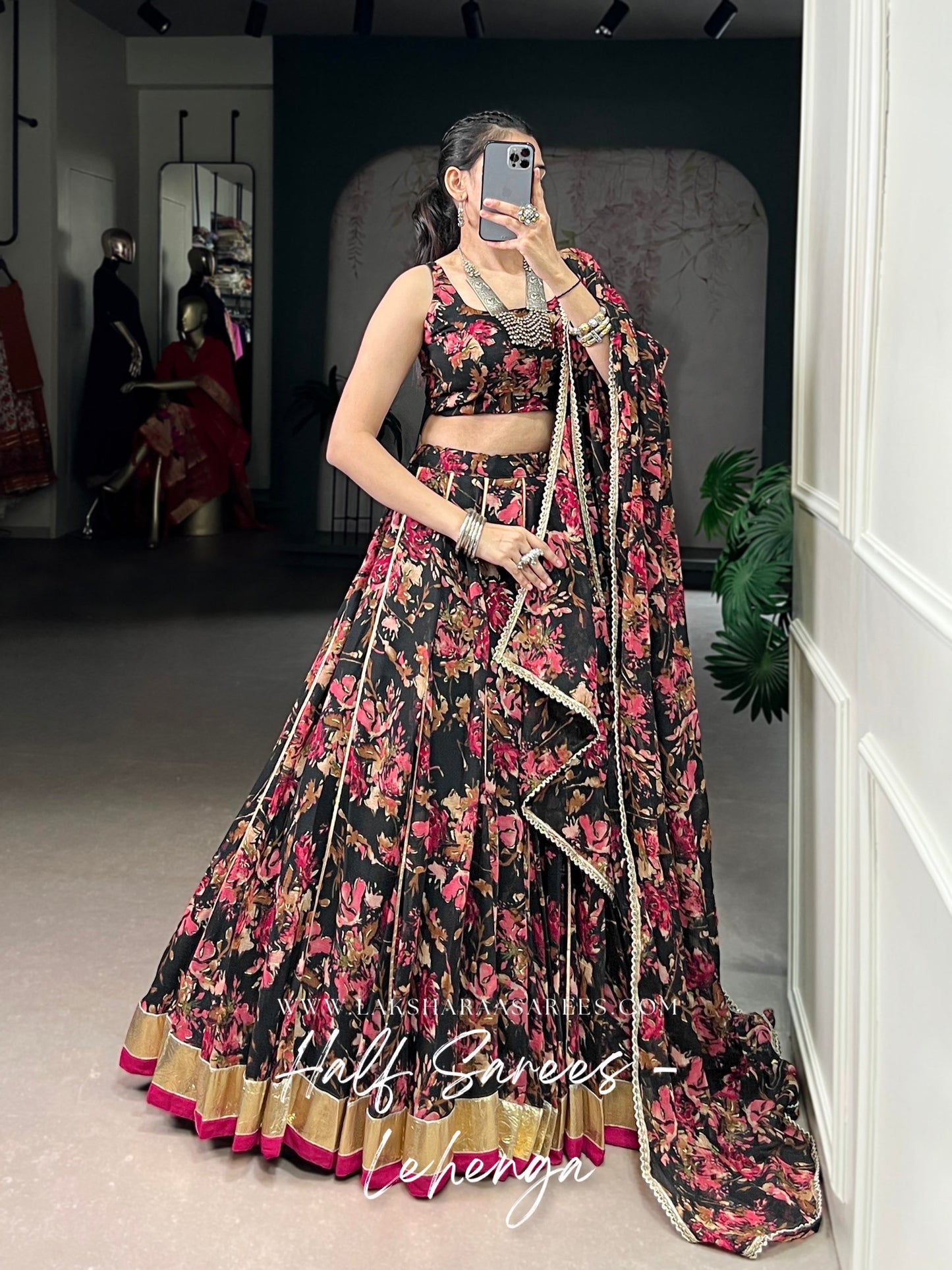 SACHITA — Chiffon Floral Print Half Saree Lehenga