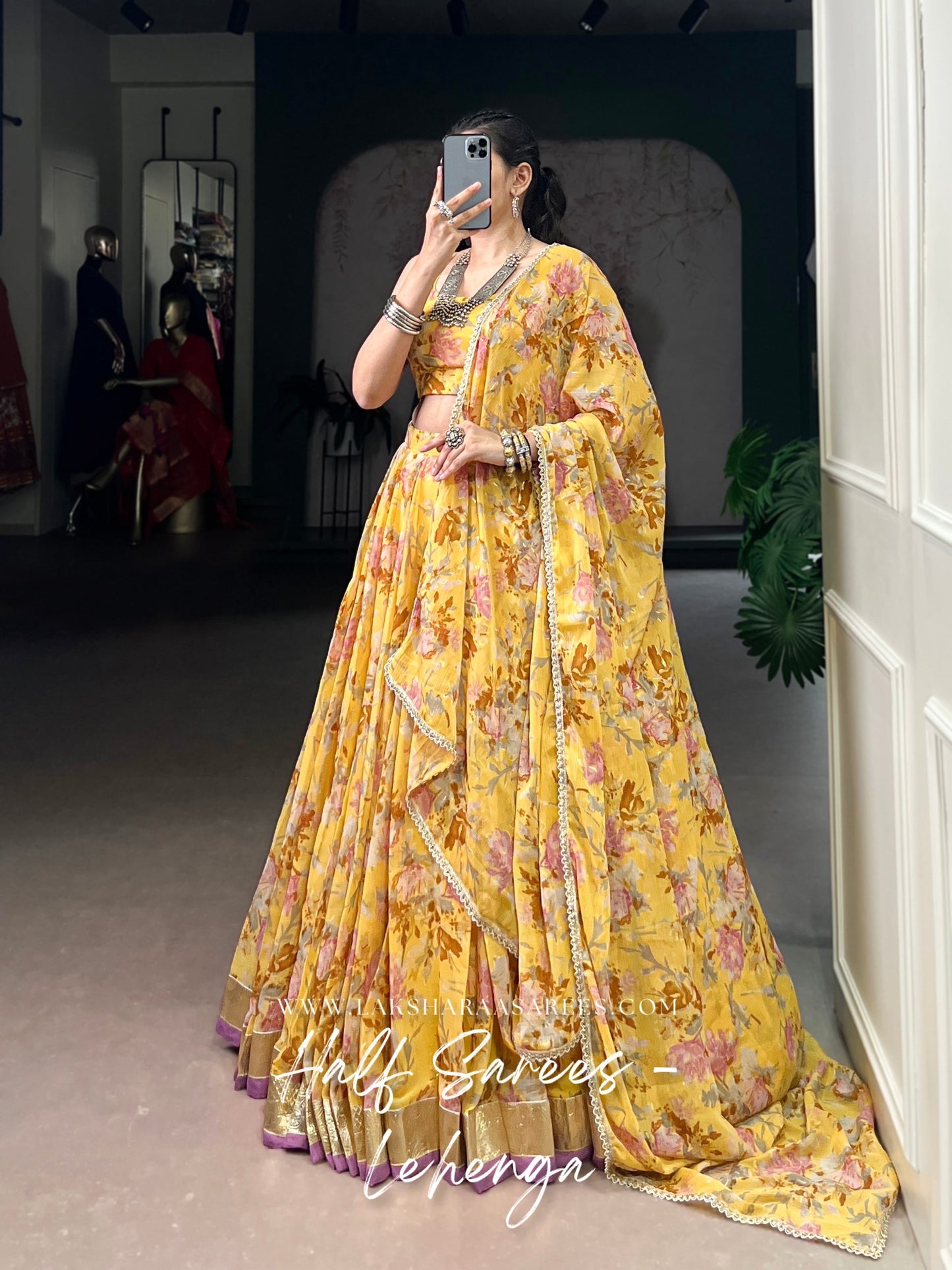 SACHITA — Chiffon Floral Print Half Saree Lehenga
