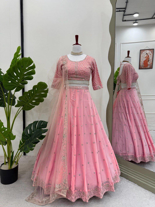 MEHIRAS — Baby Pink Georgette Lehenga x Beautiful Embroidery Work