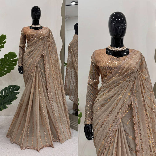 ANITAA — Golden Brown Georgette Sequin Saree