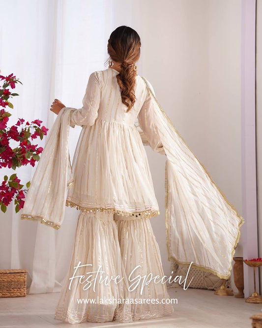 Chanderi Peplum Style White Sharara Suit
