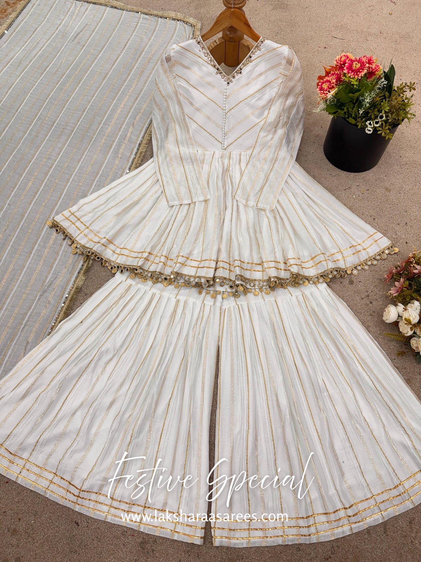 Chanderi Peplum Style White Sharara Suit
